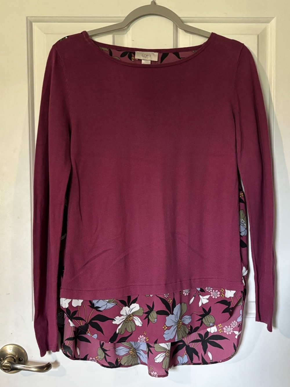 LOFT Long Sleeve Layered Floral Hem Top In Berry. Size XS, would fit small.